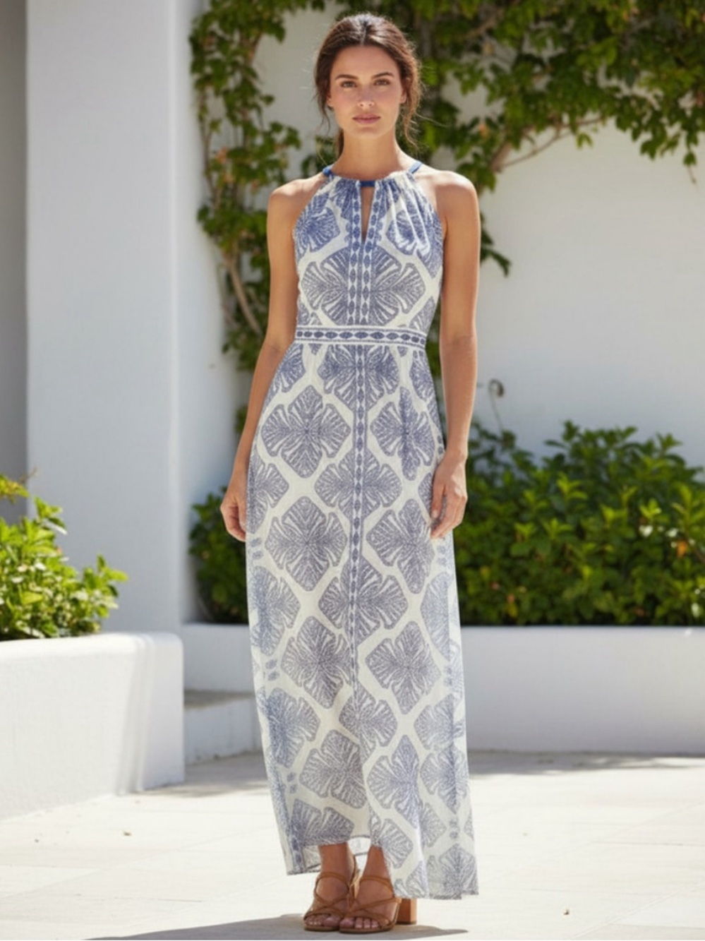 Vince Camuto Blue and White Halter-Style Printed Maxi Dress